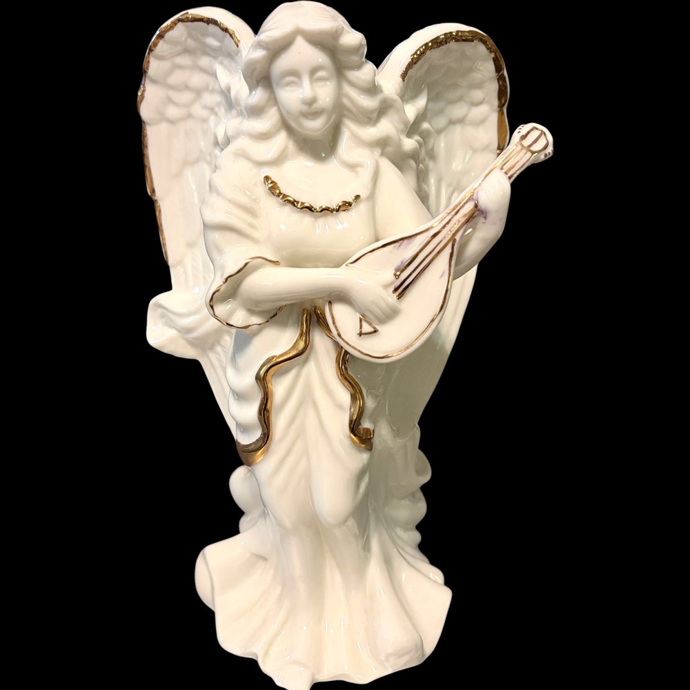 Giftco Porcelain Angel Figurine Lute Player Gold Trim Taper Candle Holder 9"